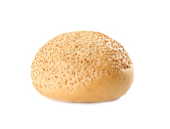 Bun with sesame seeds isolated on white. Fresh bread