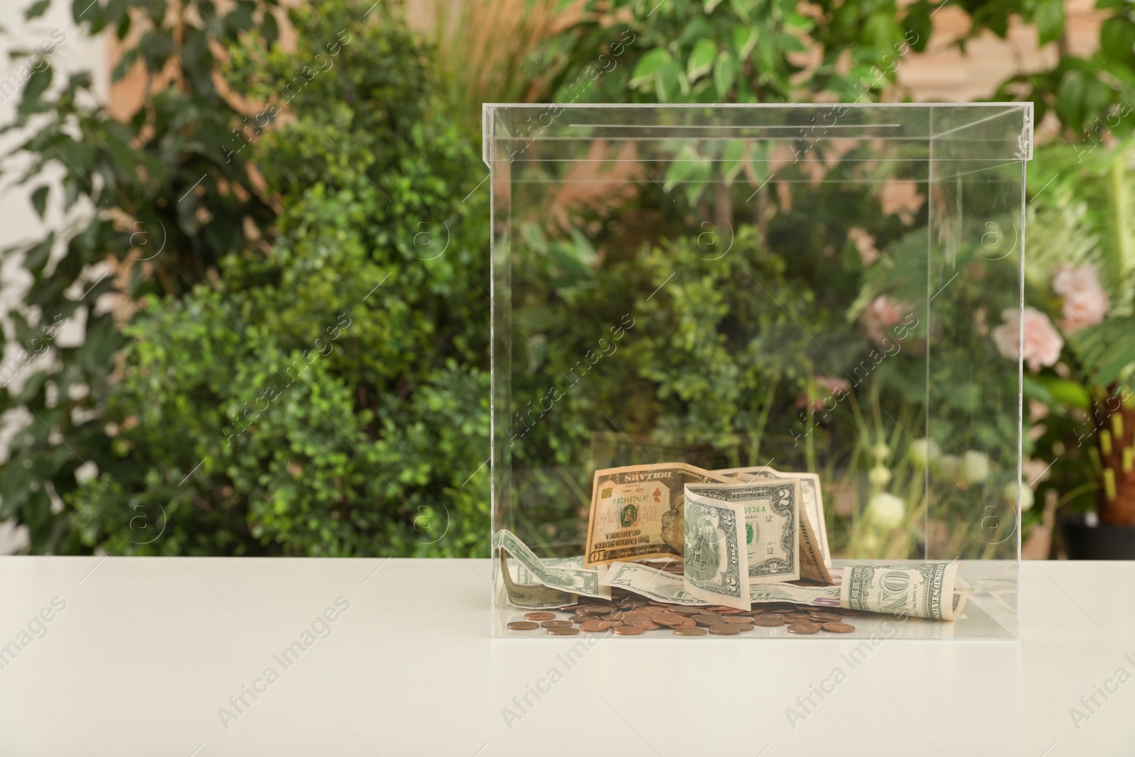 Photo of Donation box with money on table against blurred background. Space for text