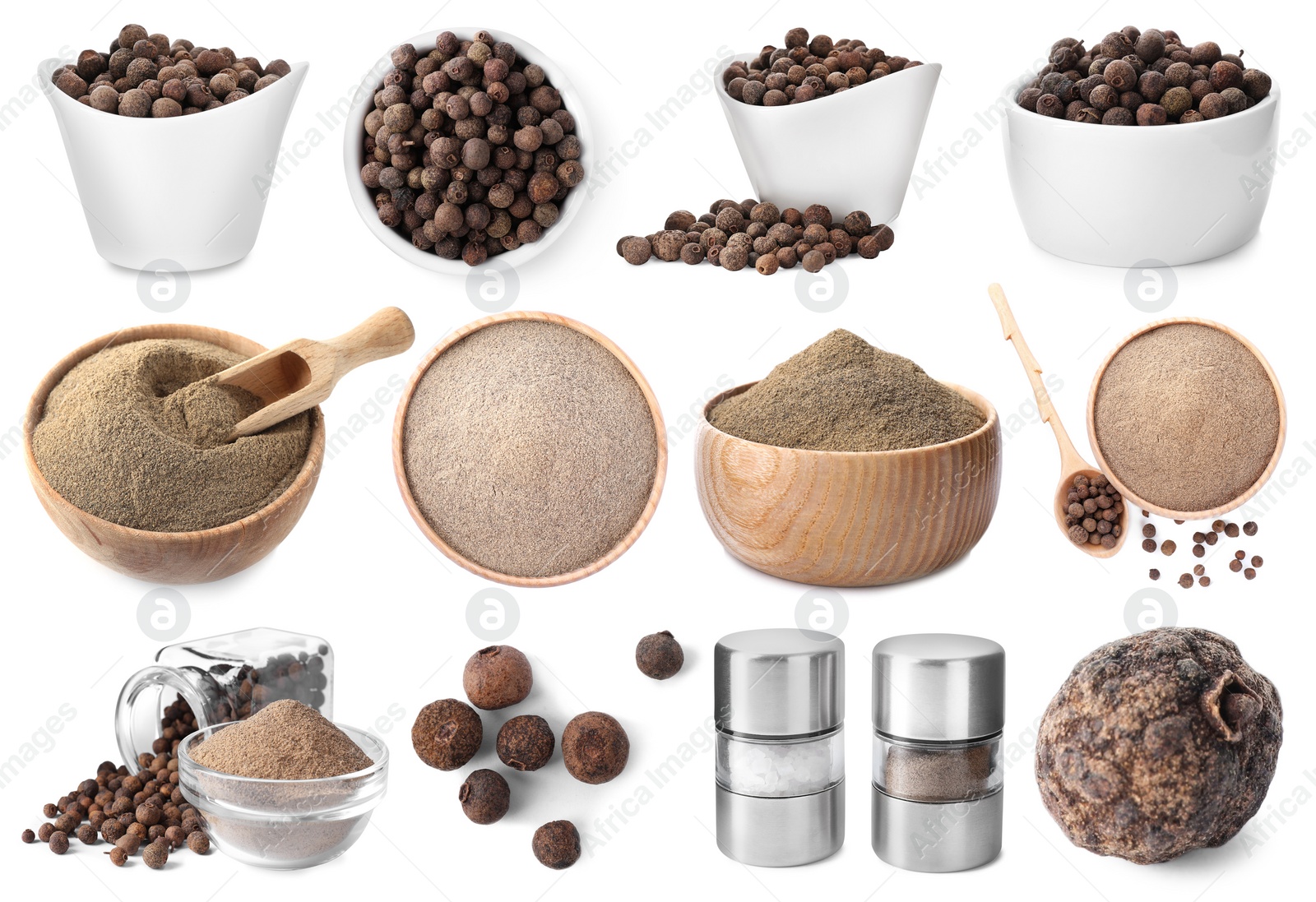 Image of Set of ground pepper and grains on white background