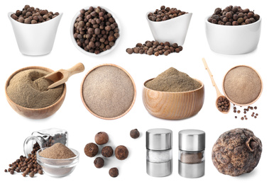 Image of Set of ground pepper and grains on white background