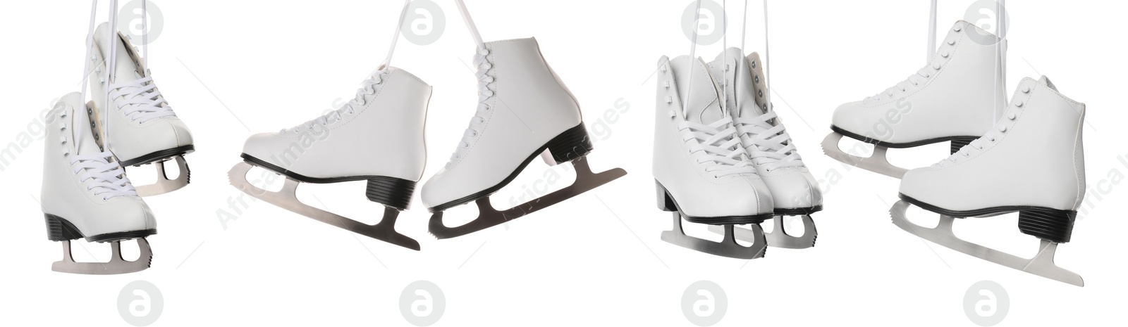 Image of Set with ice skates on white background. Banner design