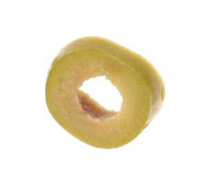 Slice of green olive on white background