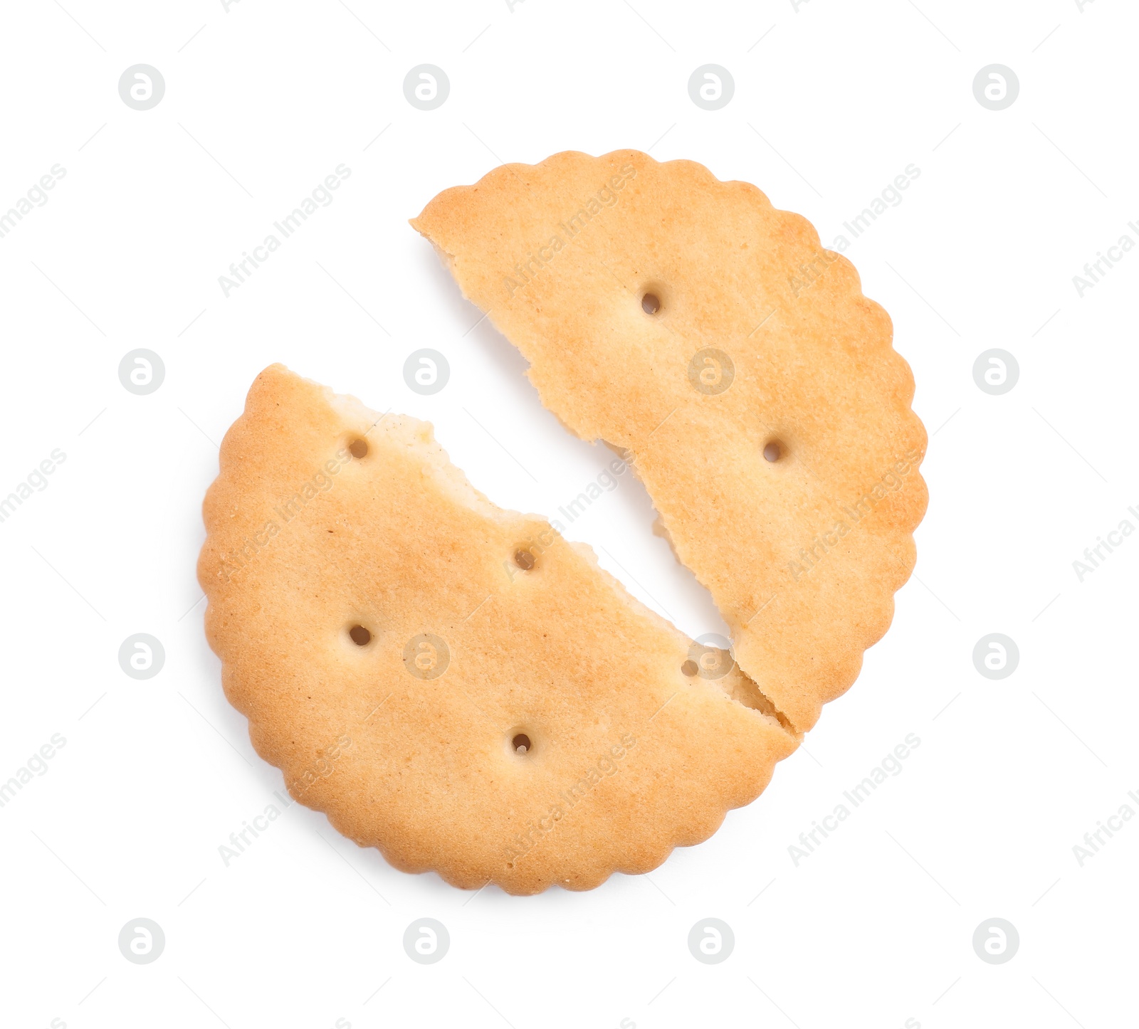 Photo of Crispy broken cracker isolated on white, top view
