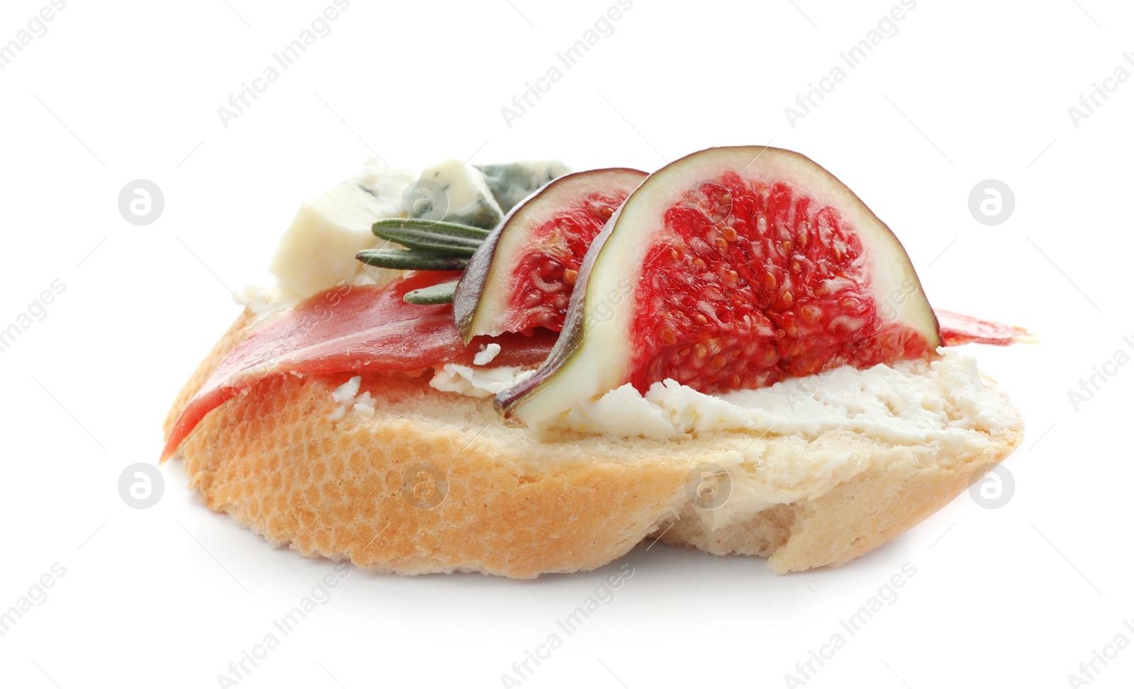 Photo of Sandwich with ripe fig, prosciutto and cream cheese on white background