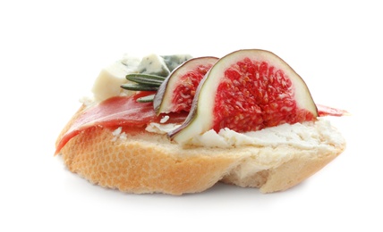 Photo of Sandwich with ripe fig, prosciutto and cream cheese on white background