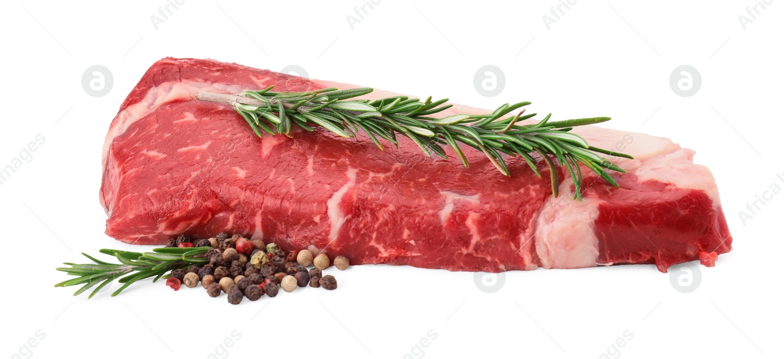Photo of Piece of raw beef meat, rosemary and spices isolated on white