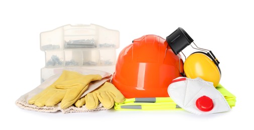 Photo of Different personal protective equipment on white background