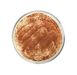 Delicious tiramisu in glass isolated on white, top view