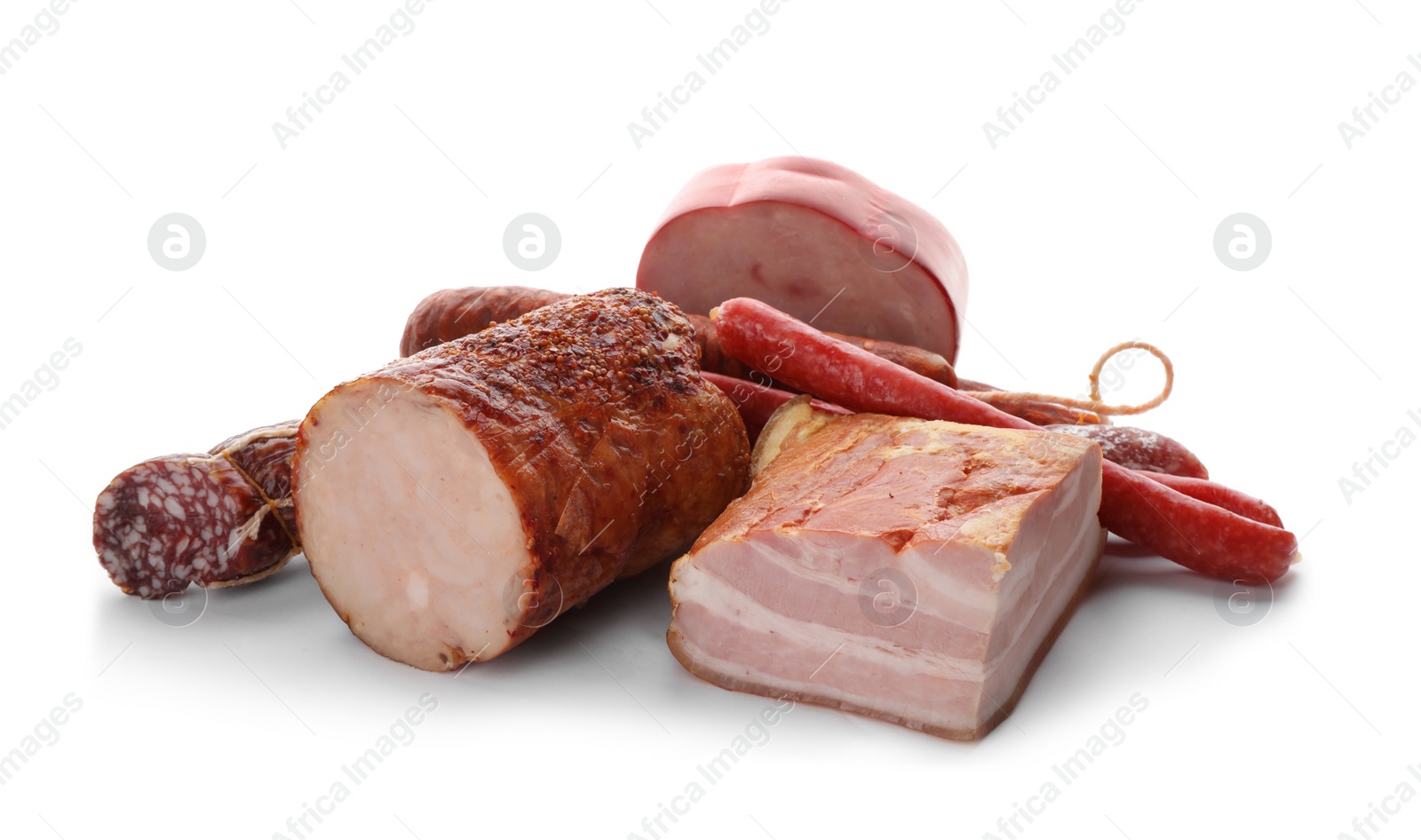 Photo of Different tasty meat delicacies on white background