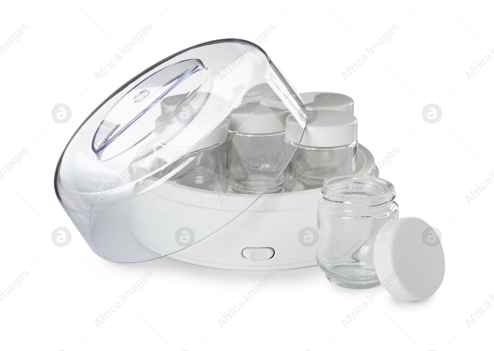 Photo of Modern yogurt maker with empty jars on white background