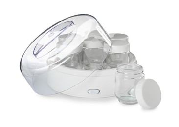 Modern yogurt maker with empty jars on white background