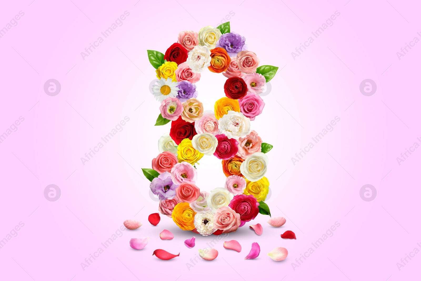 Image of International Women's Day - March 8. Card design with number 8 of bright flowers and leaves on pink background