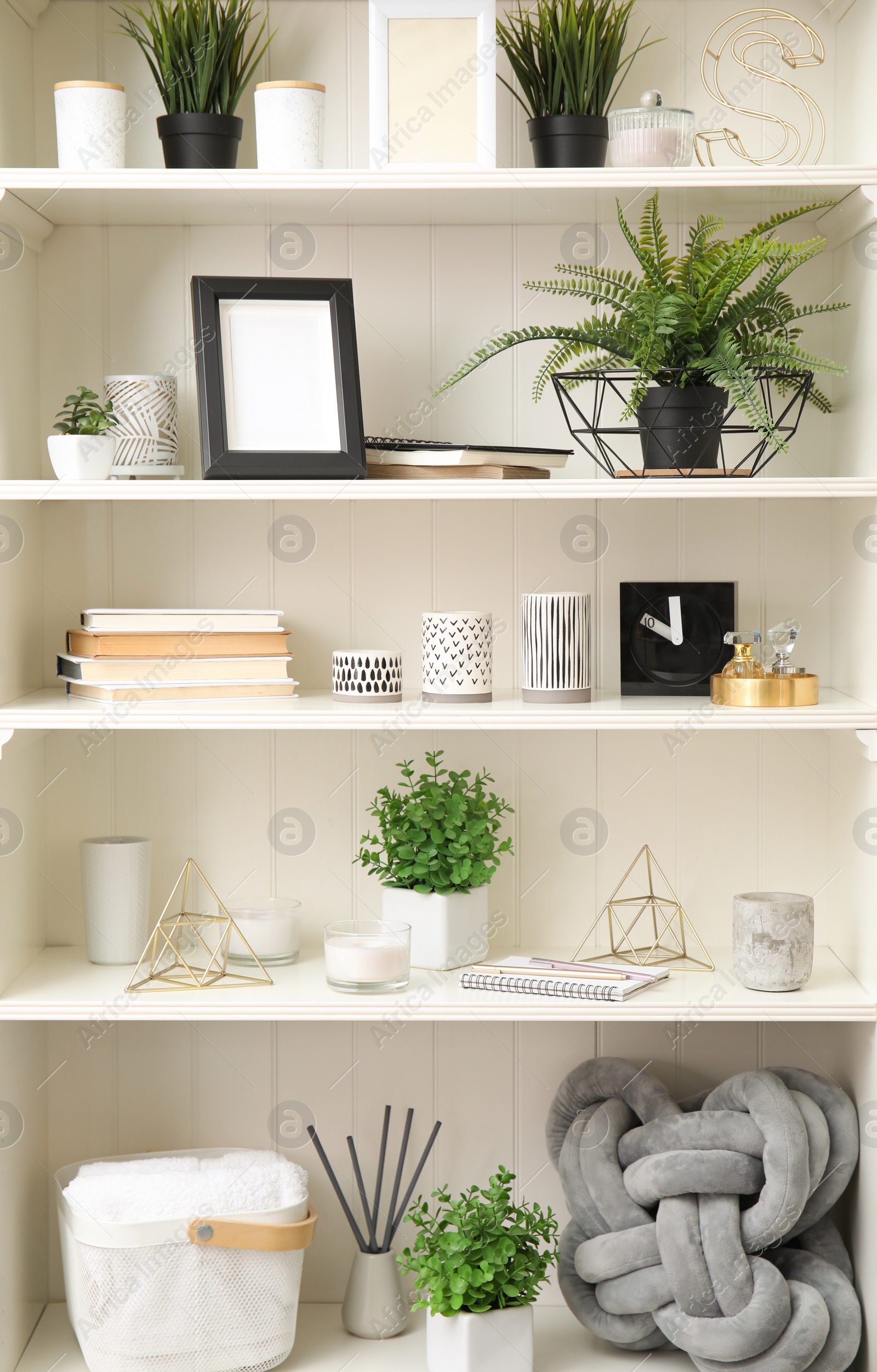 Photo of White shelving unit with plants and different decorative stuff