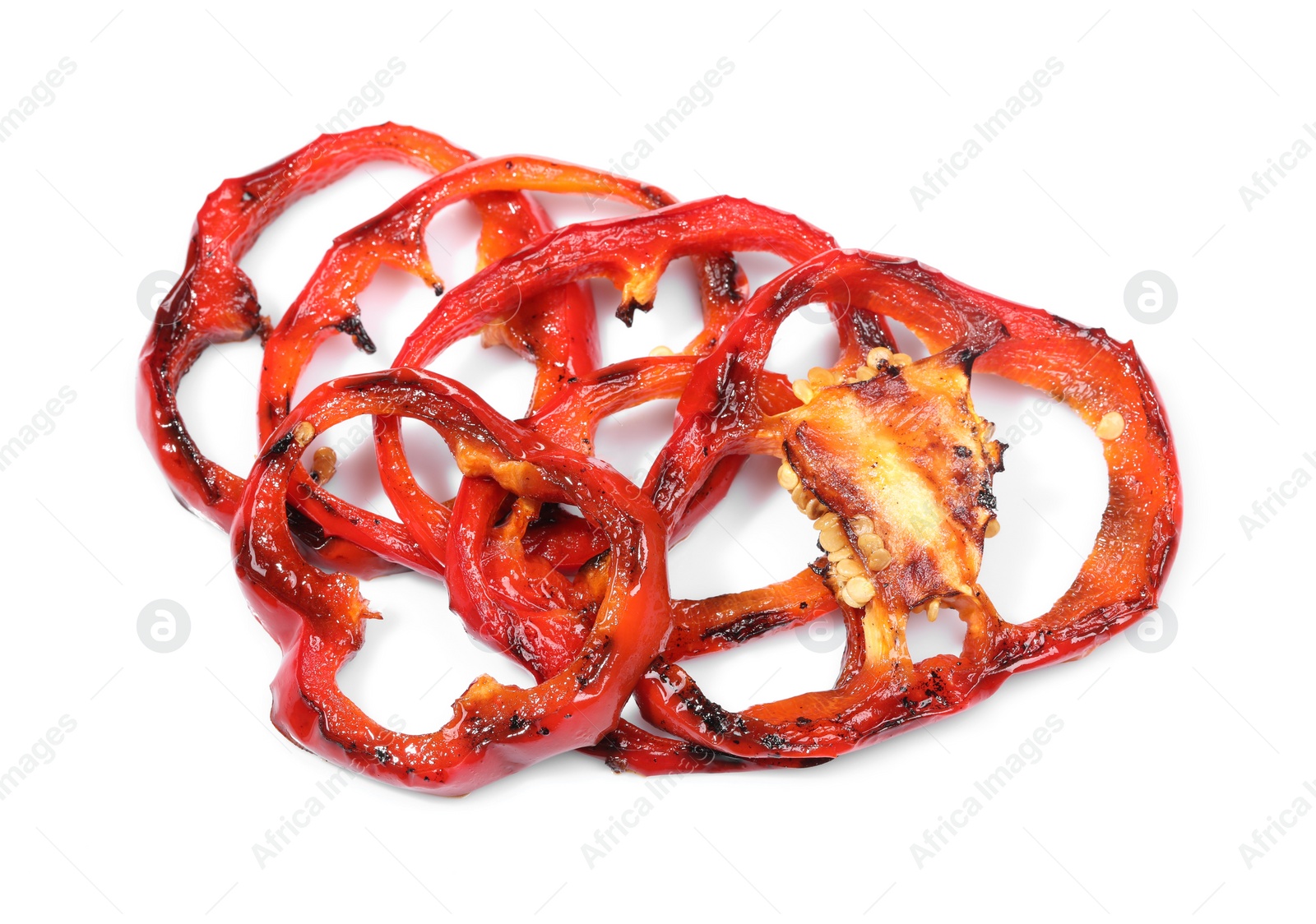 Photo of Slices of grilled peppers isolated on white, top view