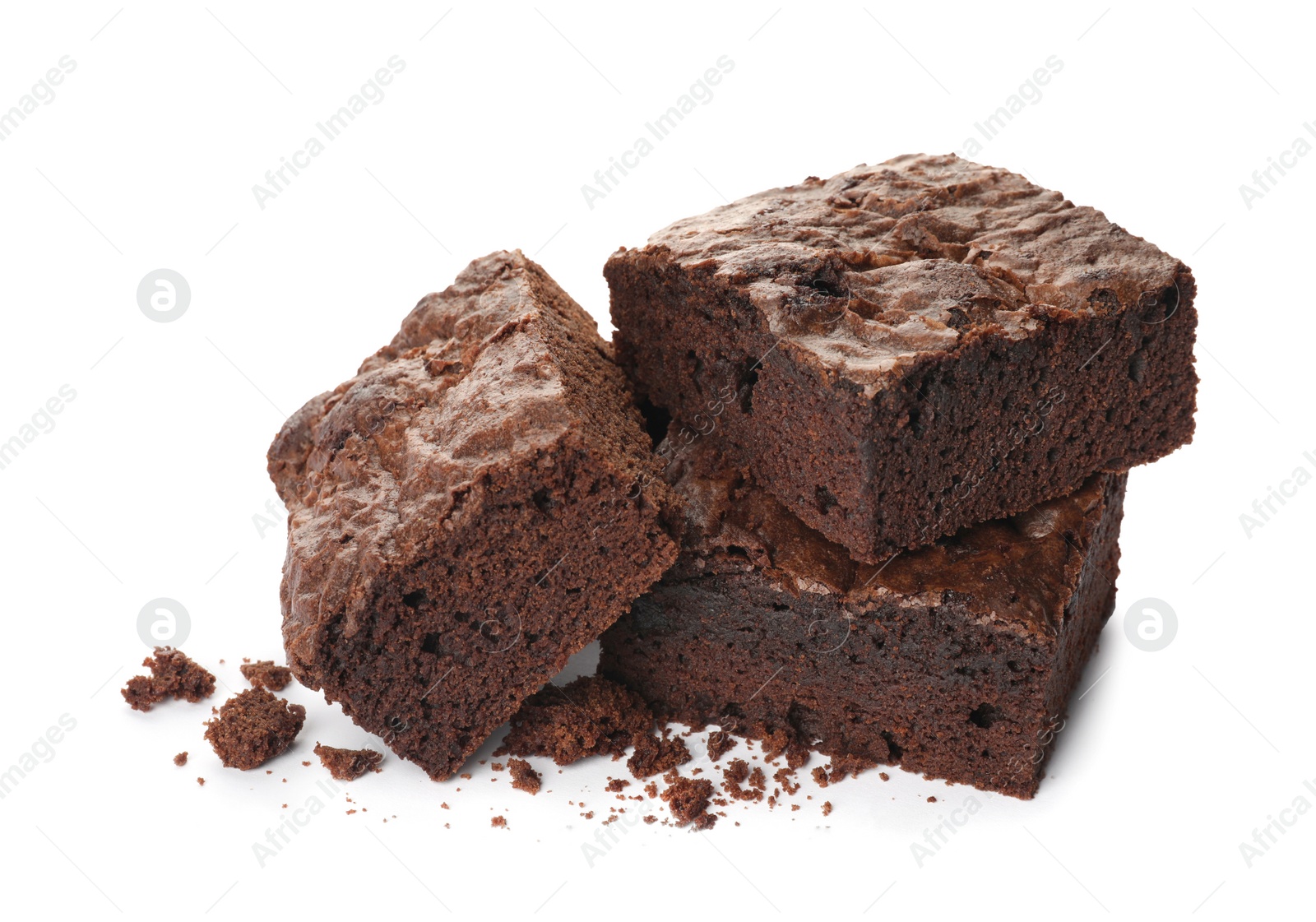 Photo of Pieces of fresh brownie on white background. Delicious chocolate pie