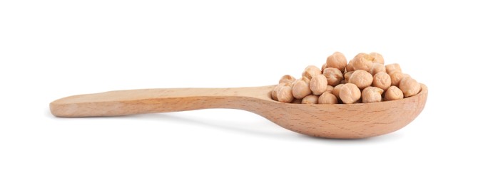 Photo of Raw chickpeas in spoon on white background