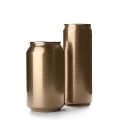 Photo of Tin cans with beverages on white background