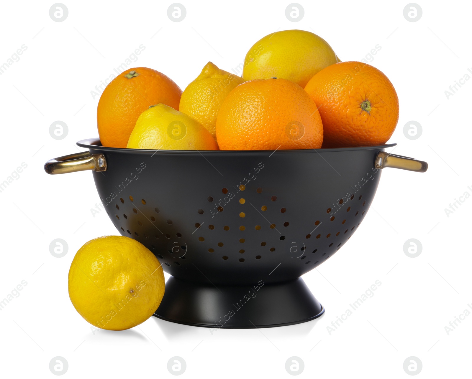 Photo of Colander with fresh citrus fruits isolated on white