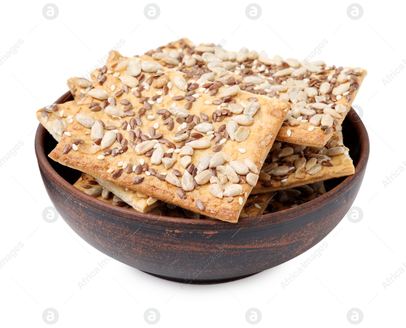 Photo of Cereal crackers with flax, sunflower and sesame seeds in bowl isolated on white