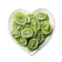 Plate with slices of kiwi on white background, top view. Dried fruit as healthy food