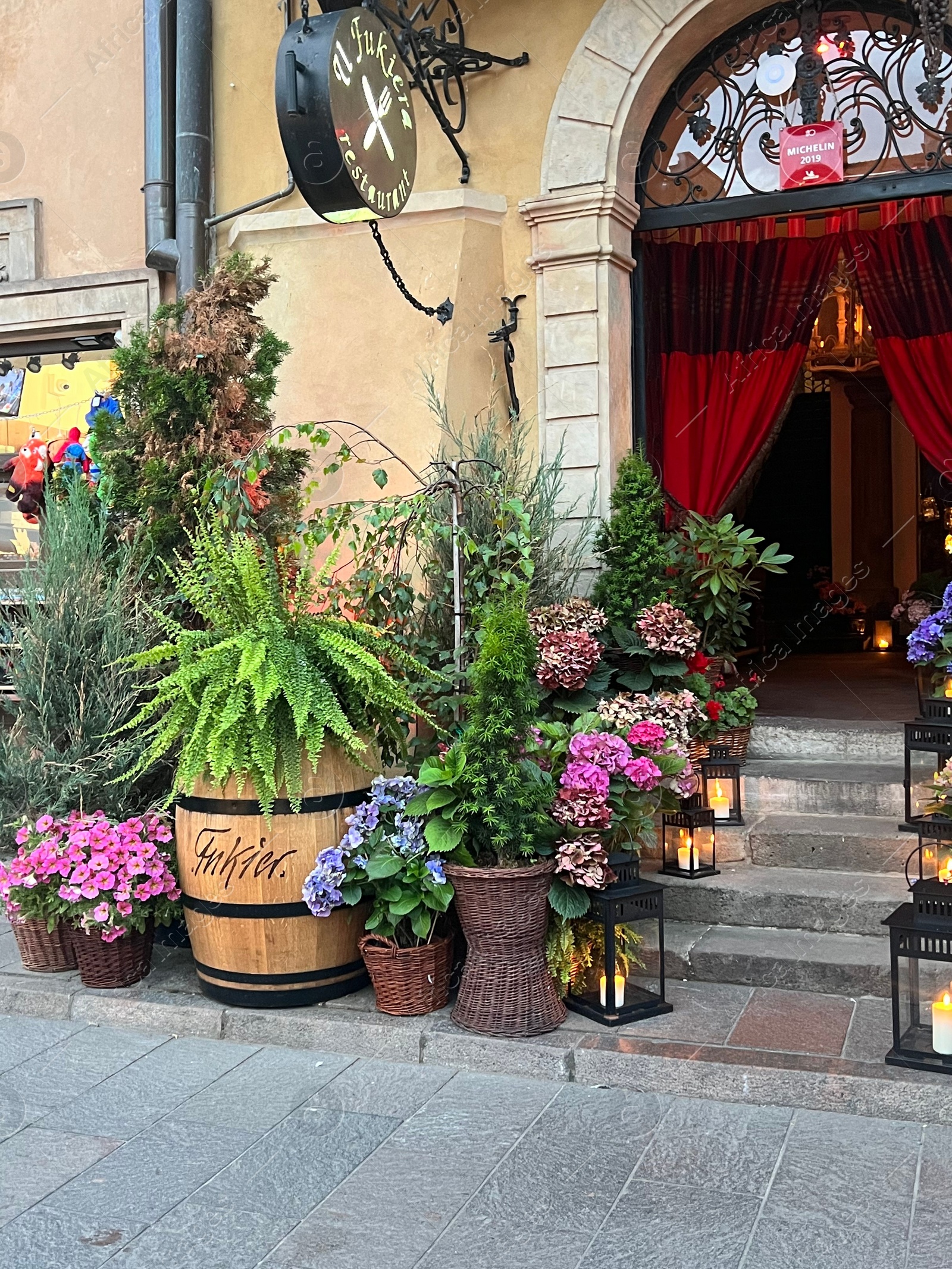 Photo of WARSAW, POLAND - JULY 15, 2022: Beautiful plants and lanterns near entrance in restaurant