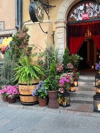 Photo of WARSAW, POLAND - JULY 15, 2022: Beautiful plants and lanterns near entrance in restaurant