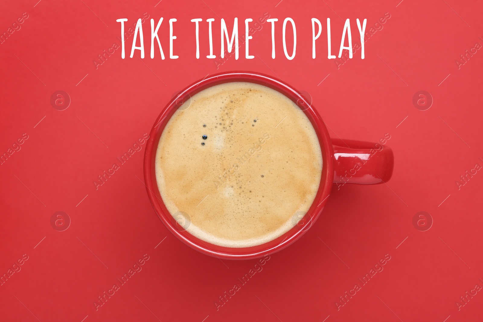 Image of Work-life balance concept. Cup of aromatic coffee on red background, top view