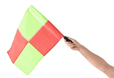 Referee holding linesman flag on white background, closeup