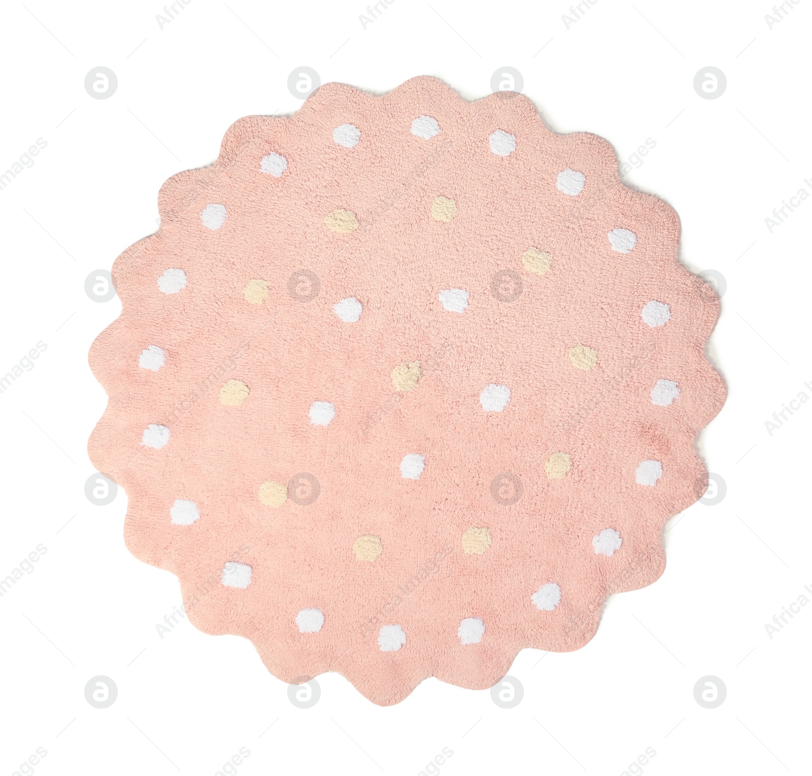 Photo of Round pink rug with polka dot pattern isolated on white, top view