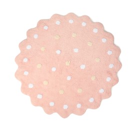 Photo of Round pink rug with polka dot pattern isolated on white, top view