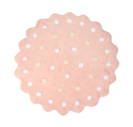 Round pink rug with polka dot pattern isolated on white, top view