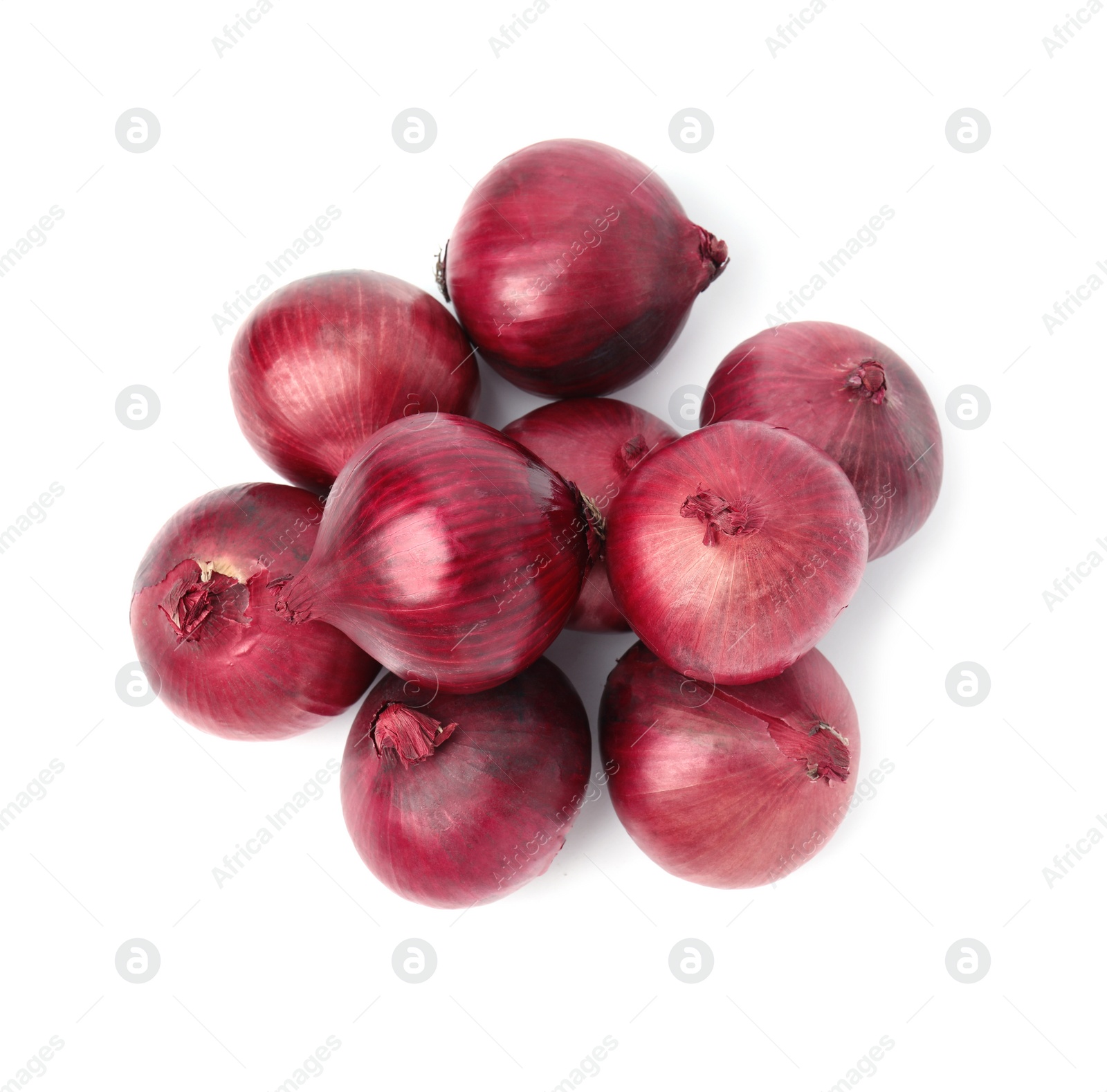 Photo of Many fresh red onions on white background, top view