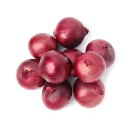 Many fresh red onions on white background, top view