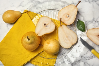 Photo of Flat lay composition with ripe pears on marble background