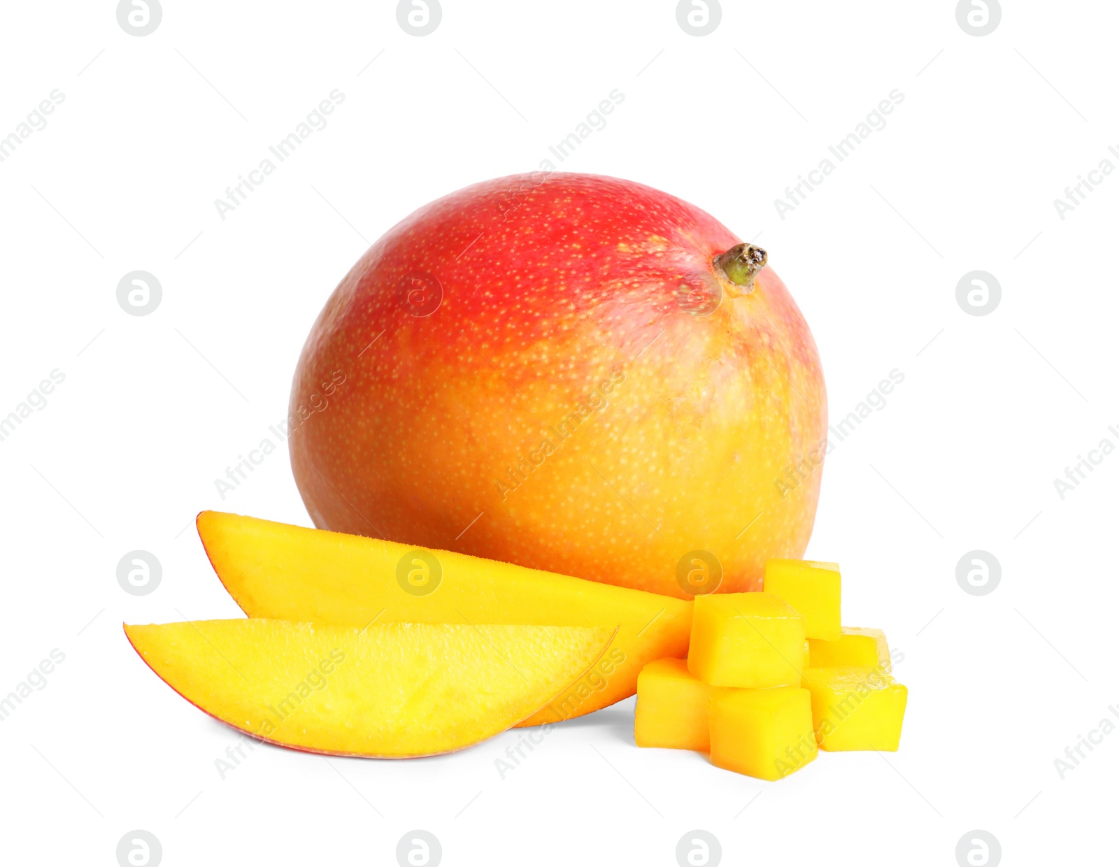 Photo of Delicious whole and cut mangoes on white background