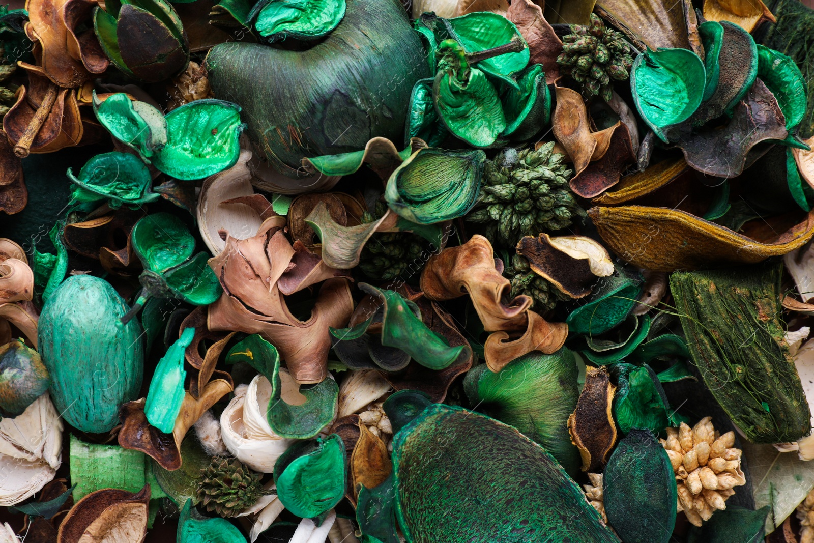 Photo of Scented potpourri of dried flowers as background, top view