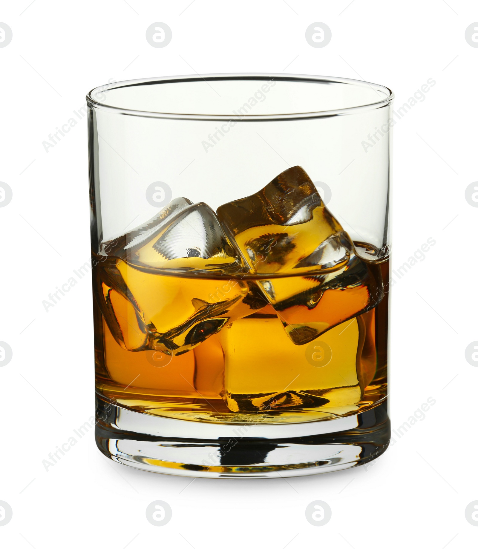 Photo of Whiskey and ice cubes in glass isolated on white