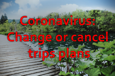 Image of Trips cancellation during coronavirus quarantine. Beautiful river and wooden deck
