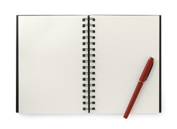 Photo of Open blank notebook with pen isolated on white, top view