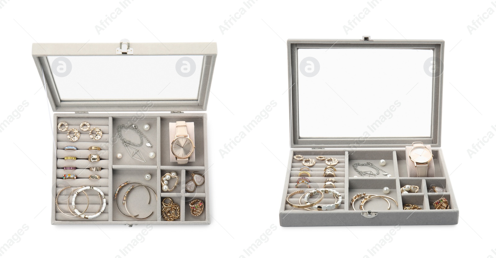 Image of Collage with elegant jewelry box isolated on white, top and side views