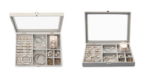 Image of Collage with elegant jewelry box isolated on white, top and side views