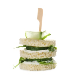 Photo of Fresh tasty cucumber sandwiches isolated on white