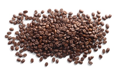 Photo of Pile of roasted coffee beans isolated on white, top view