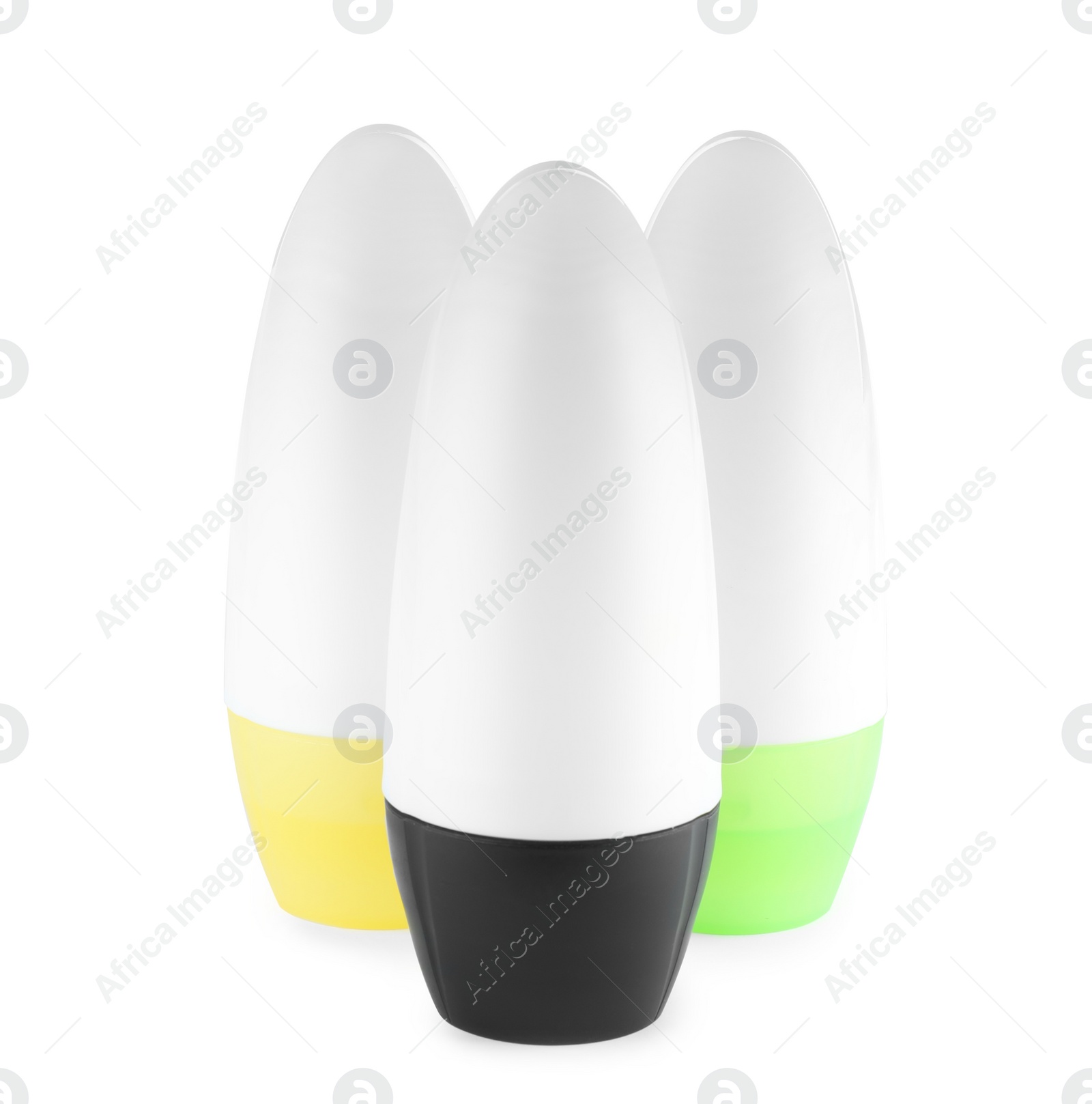 Photo of Different plastic deodorant containers on white background