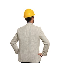 Photo of Professional engineer in hard hat isolated on white, back view