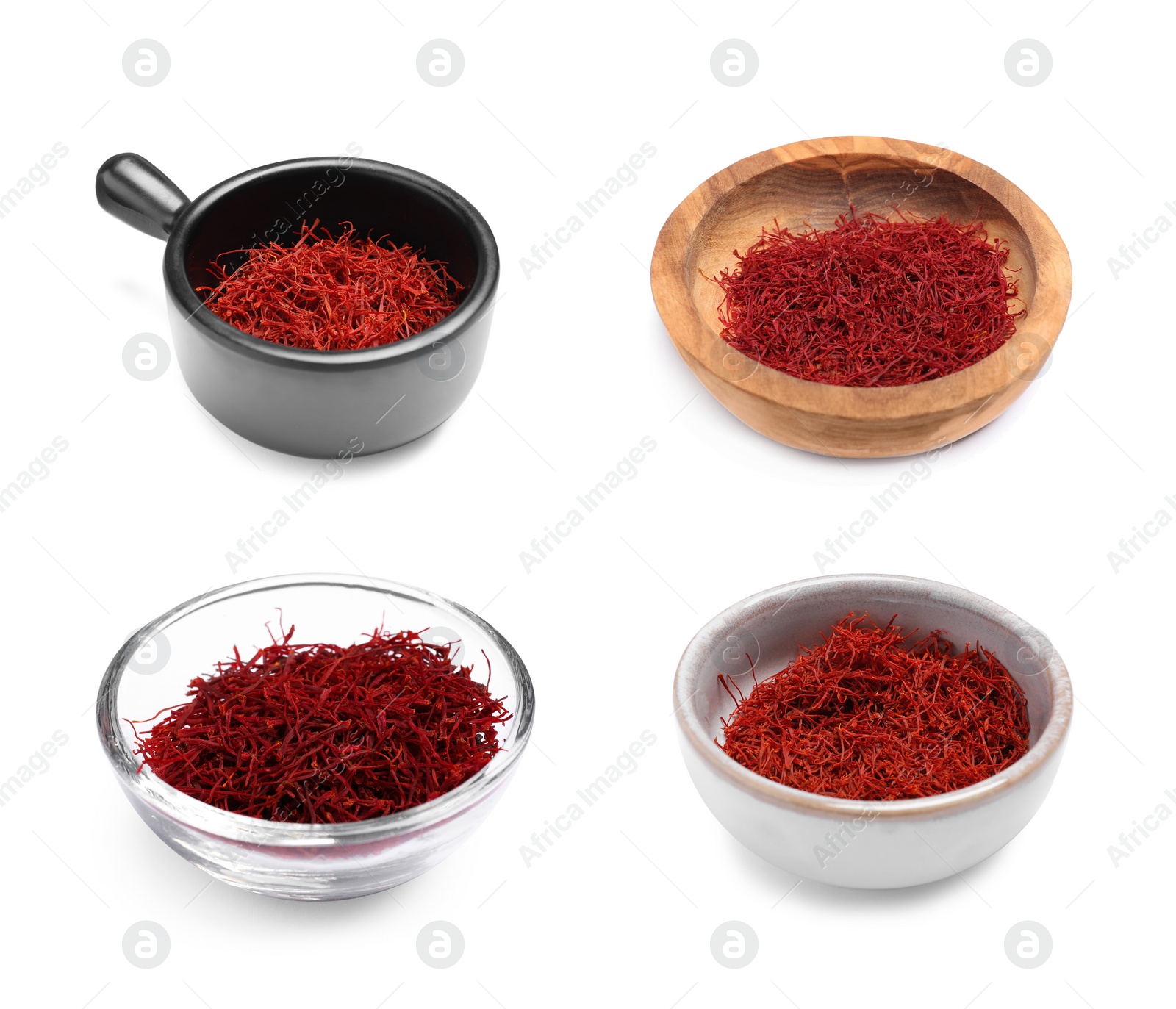 Image of Aromatic saffron in dishes isolated on white, set