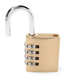 Unlocked steel combination padlock isolated on white