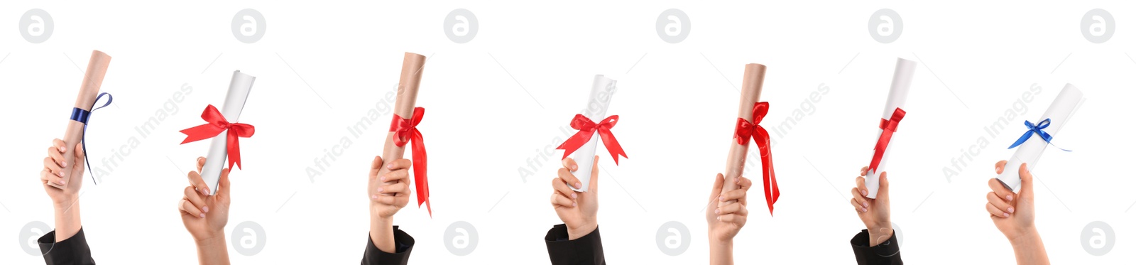 Image of Collage with photos of students holding diplomas on white background, closeup. Banner design