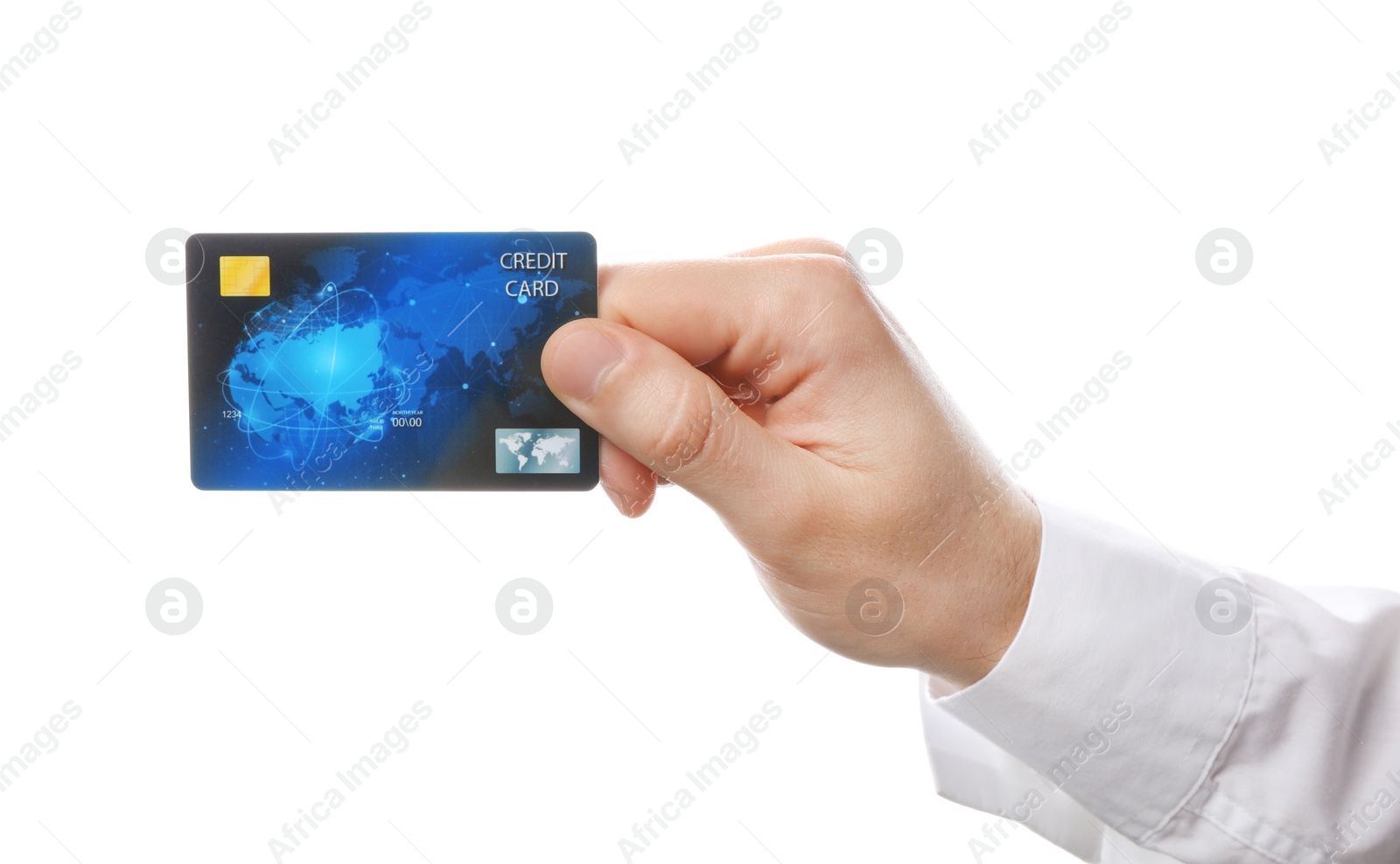 Photo of Young man holding credit card on white background