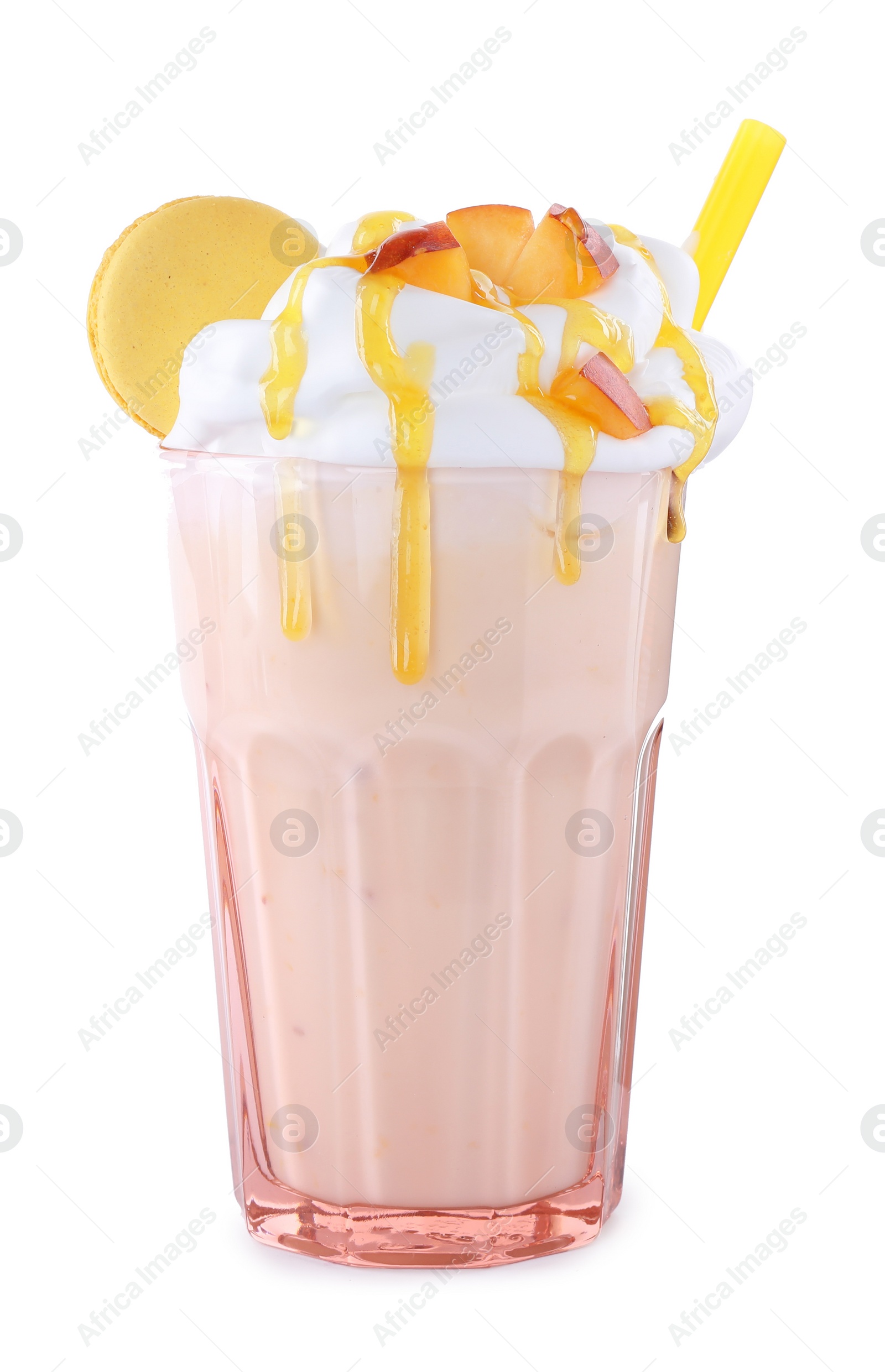 Photo of Tasty peach milk shake in glass on white background